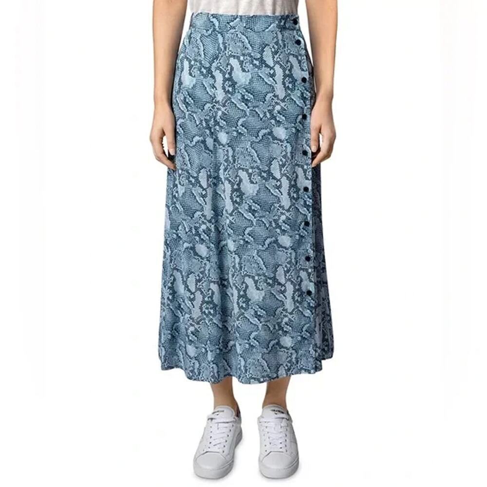 Zadig & Voltaire June Wild Blue Snake Print Silk Midi Skirt Size EU 36